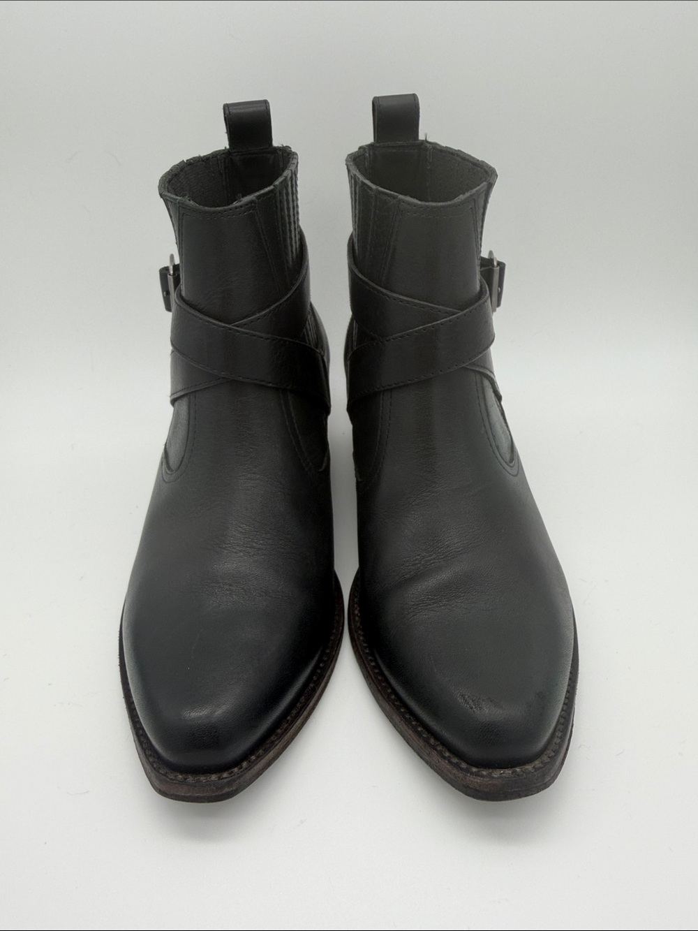 All Saints Western Style Ankle Booties Black Leather Boots Belt Sz 8 Pointed Toe - Picture 8 of 16